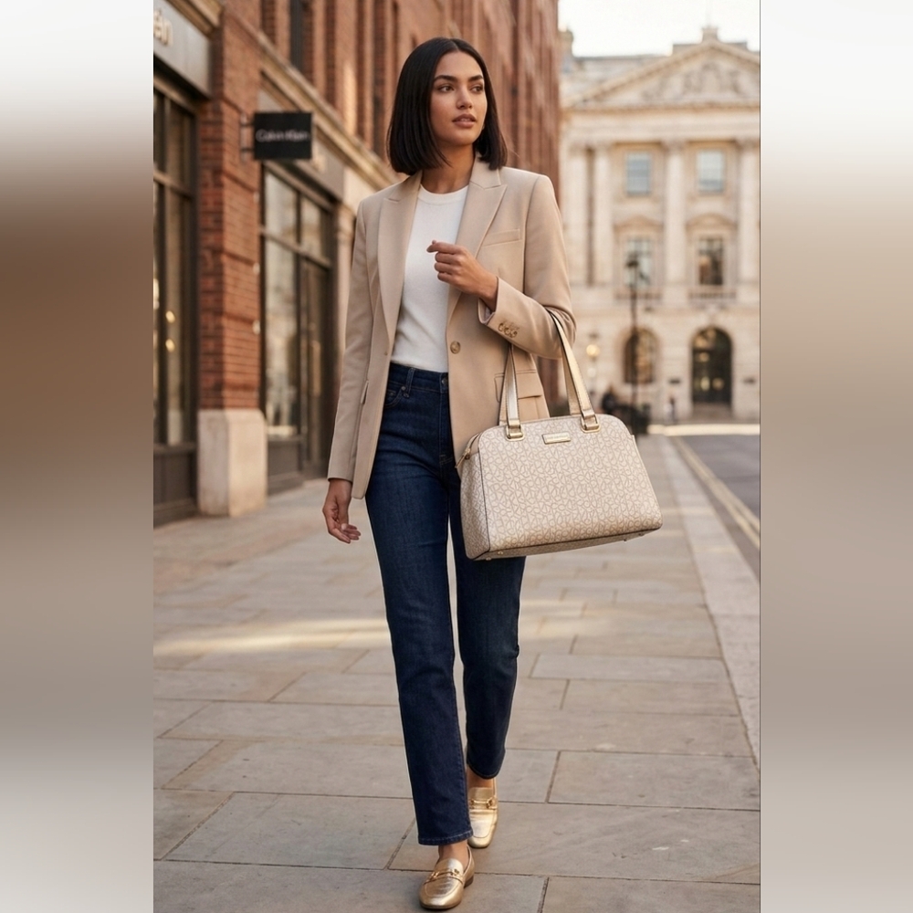 Calvin Klein Large Almond Monogram Satchel - Like New | Metallic Gold & Cream - Picture 16 of 16
